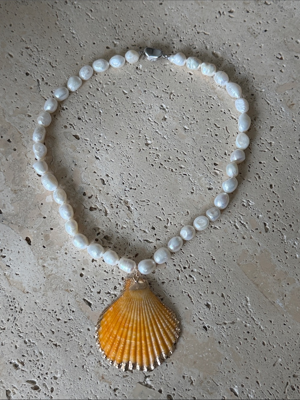Pearl with Orange Shell Pendant Necklace